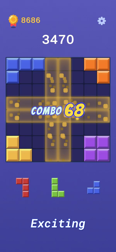 Block Crush: Block Blast - Gameplay screenshot of Block Crush showing a high combo achievement and colorful blocks on a purple grid.