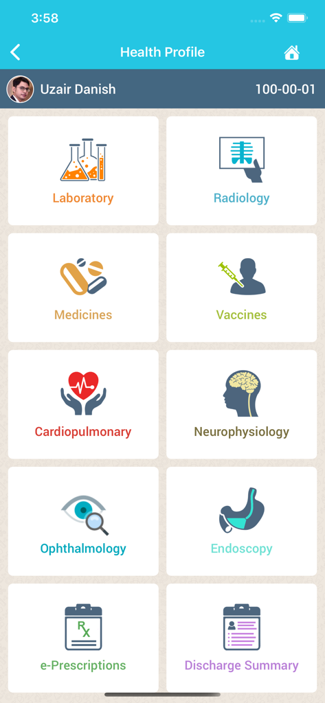 Family Hifazat - Family Hifazat health profile dashboard showing icons for laboratory radiology vaccines and other medical records
