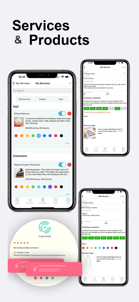 Ring My Stylist: Booking App - Interface of the Ring My Stylist app showing screens for managing beauty services and product listings with pricing and availability settings