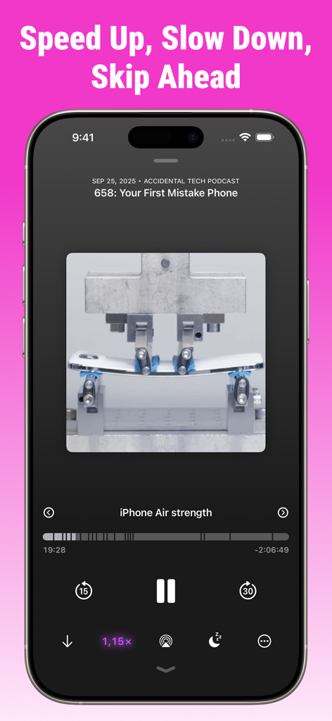 Podcast App: Updates - Pantalla del reproductor de podcast que muestra controles de velocidad de reproducción, botones de omisión y capítulos del episodio