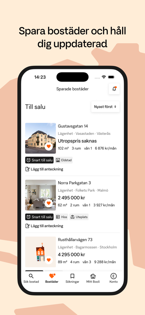 List of saved real estate properties in the Booli app