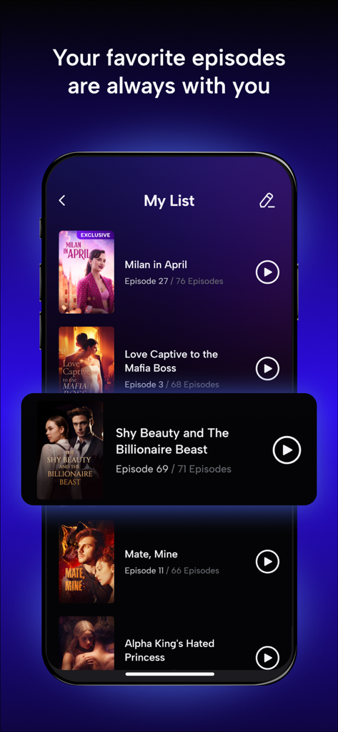 MyDrama app My List screen showing a collection of favorite short drama series and episode progress