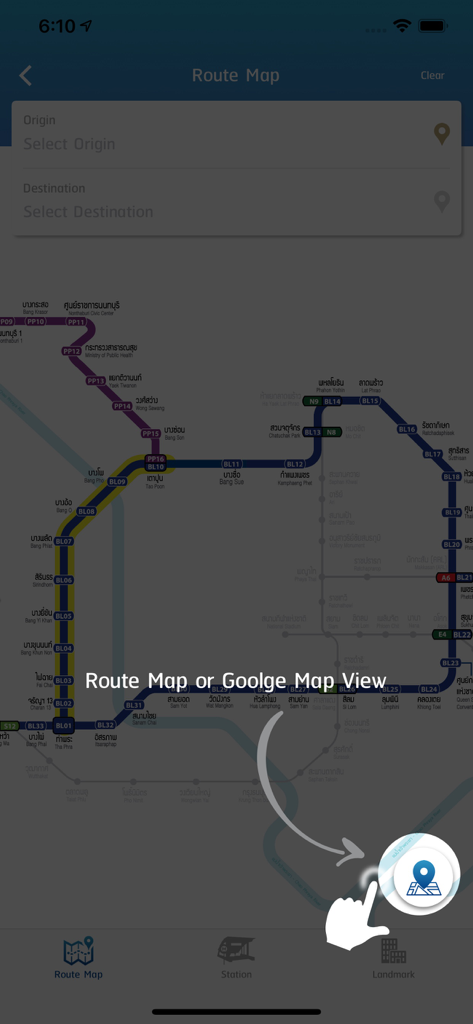 Bangkok MRT. - Bangkok MRT mobile app route map showing transit lines and station names for trip planning