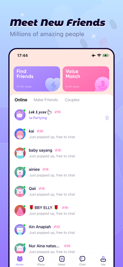 Uki - Amazing Online Chat App - The Uki app home screen displaying a list of online users and voice match options.