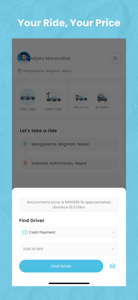 Move In Driver - Move In Driver app interface showing ride booking options and estimated fare in Nepal.
