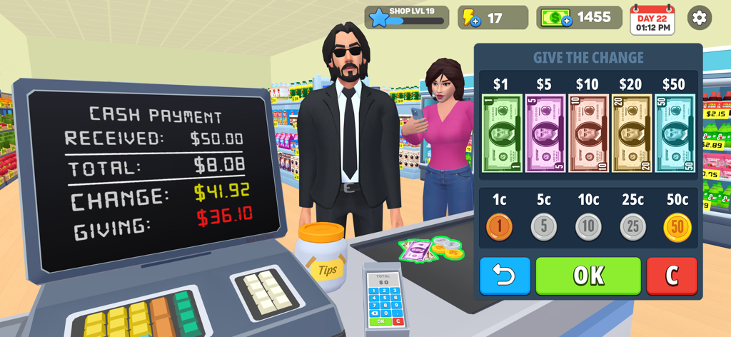 Interfaz de caja en My Supermarket Simulator 3D que muestra el cálculo del cambio y la selección de moneda