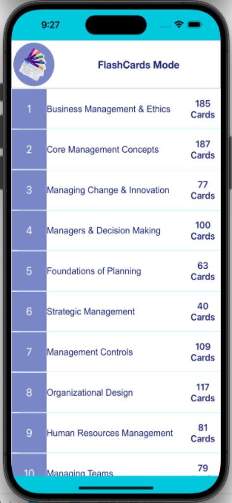 List of business management flashcard topics for BBA and MBA students including ethics, strategic management, and human resources