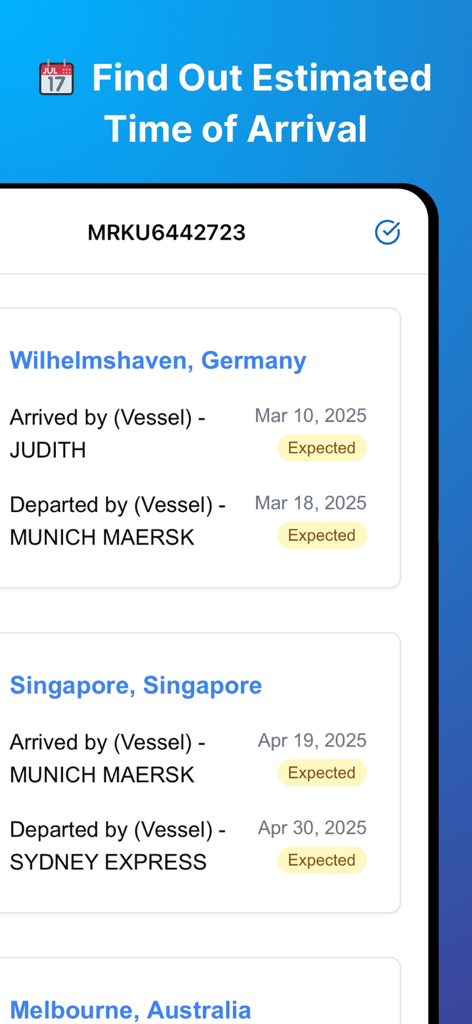 Container Tracking App - Interface of the Container Tracking App showing estimated arrival times and vessel itinerary for a shipping container.