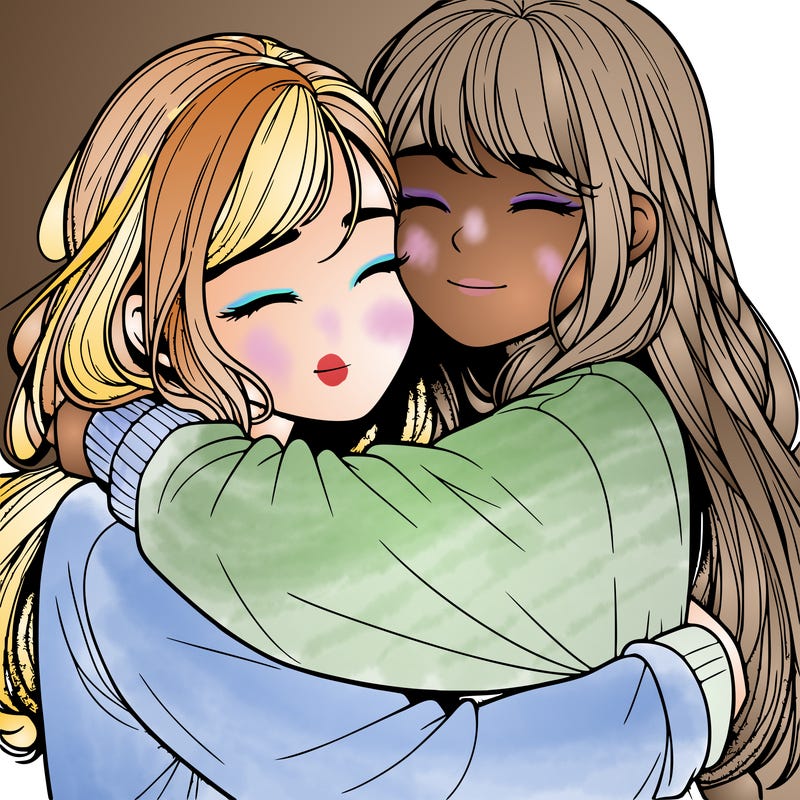 realistic two girls hugging