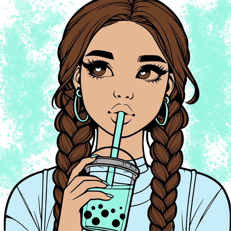 realistic girl with braided hair drinking boba