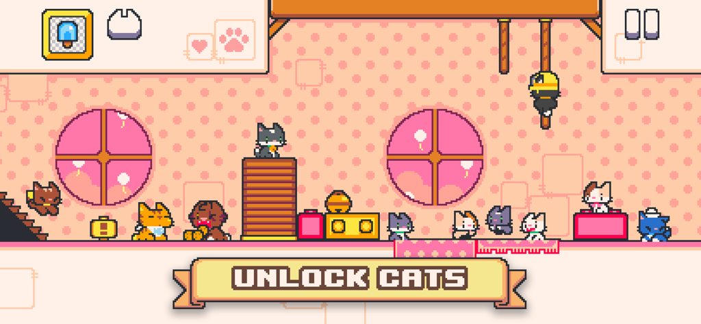 Super Cat Tales 2 - Personajes de arte de píxeles en una habitación rosa de Super Cat Tales 2 que muestran la función de desbloquear gatos