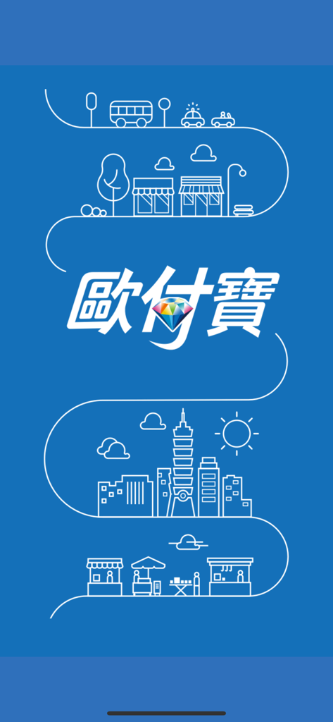 電子支付 - Opay 로고가 중국 문자로 표시된 도시 스카이라인과 상점의 흰색 라인 아트가 있는 파란색 배경