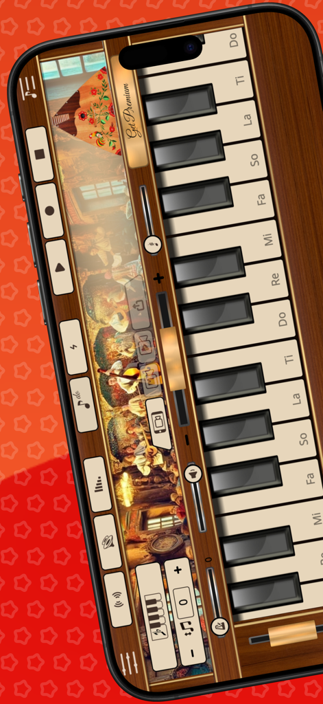 Balalaika - The Balalaika Sim app interface showing a virtual keyboard and instrument controls on a smartphone screen
