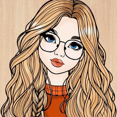 girl with long hair and freckles and glasses realistic