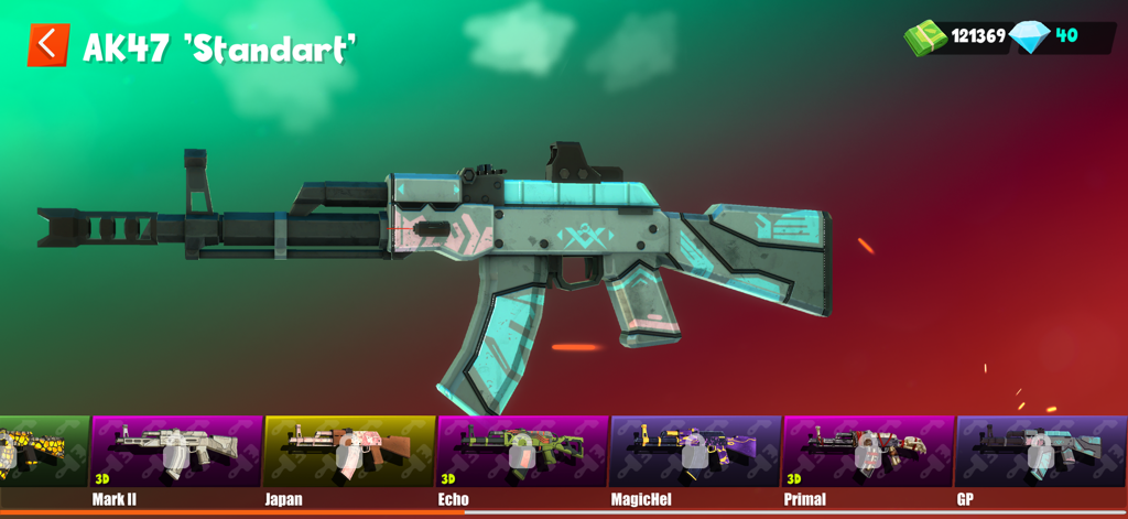Tactic Shot: FPS Pixel Shooter - Weapon customization screen for an AK47 in Tactic Shot FPS Pixel Shooter showing various unlockable skins