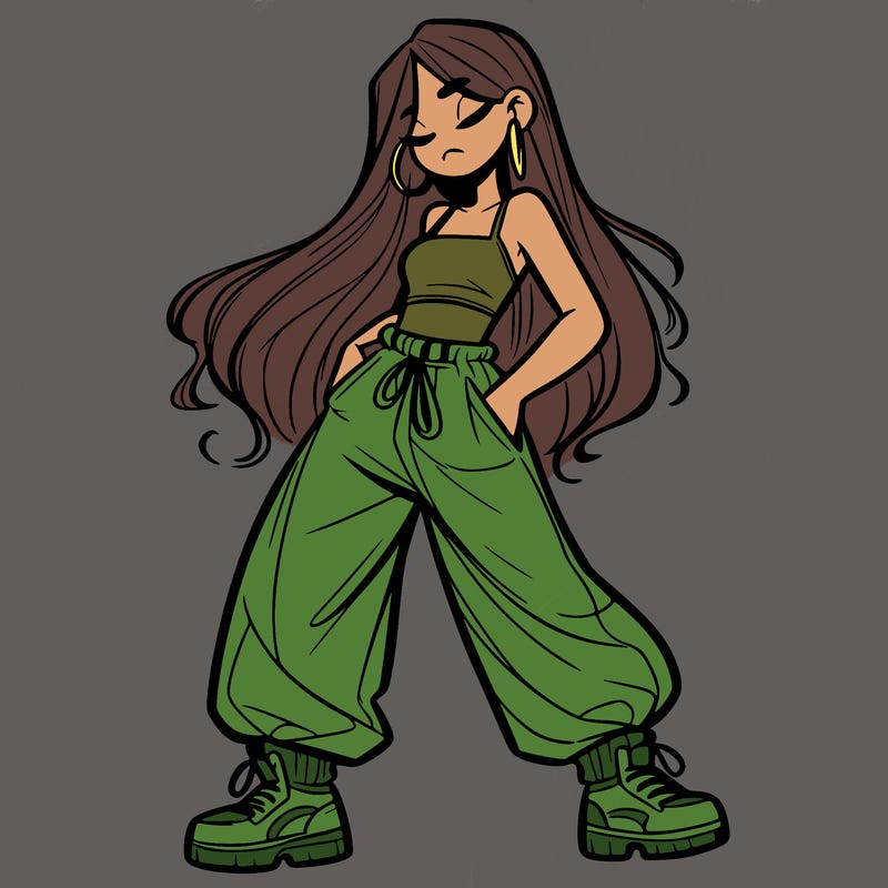 girl in baggy pants crop top and long hair