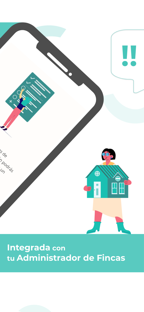 Illustration of a woman holding a house next to a smartphone showing property manager integration features