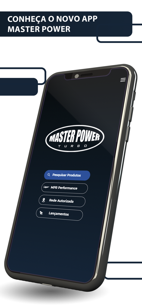 Master Power - Catálogo - Tela inicial do aplicativo móvel Master Power Turbo com pesquisa de produtos e menus de performance