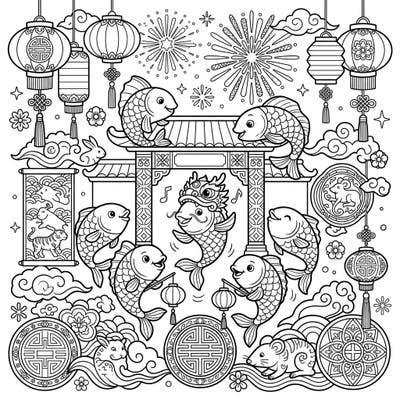 Get ready to celebrate the Lunar New Year with an incredibly charming coloring page featuring playful minnows. This detailed scene is packed with traditional symbols and festive cheer, perfect for all ages.