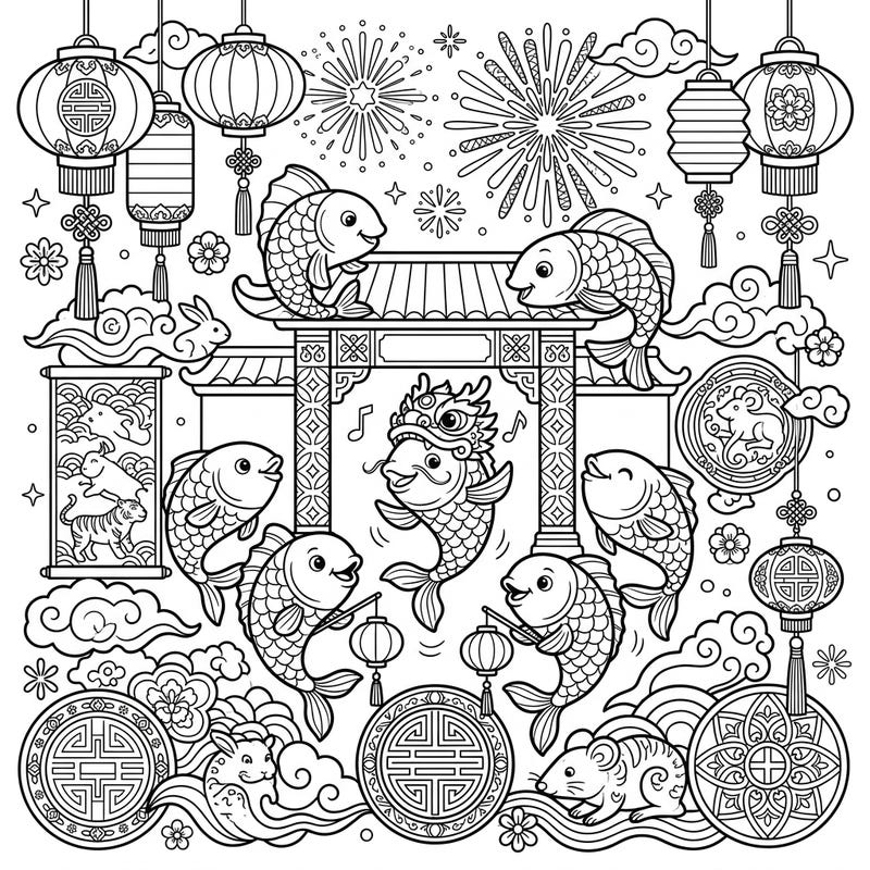 Get ready to celebrate the Lunar New Year with an incredibly charming coloring page featuring playful minnows. This detailed scene is packed with traditional symbols and festive cheer, perfect for all ages.