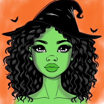 realistic black girl with wavy hair and witch hat and nose and lips