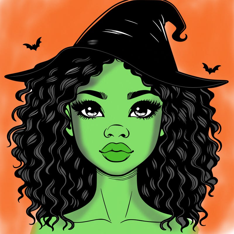 realistic black girl with wavy hair and witch hat and nose and lips