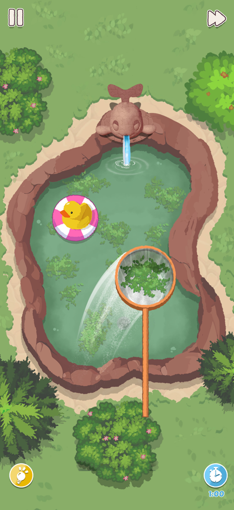 Satisfying mini game of cleaning leaves from a garden pond with a net