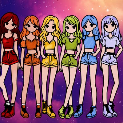 a group of girls wearing crop tops and shorts