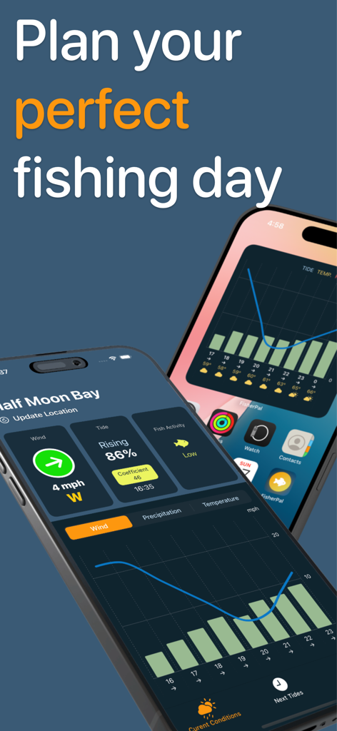 FisherPal: Fishing Forecasts - FisherPal app interface showing wind and tide forecasts for a fishing trip