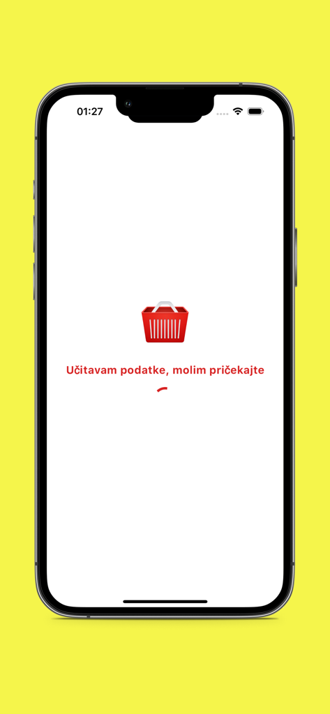Loading screen of the Kosarica shopping app featuring a red basket icon and Croatian text on an iPhone