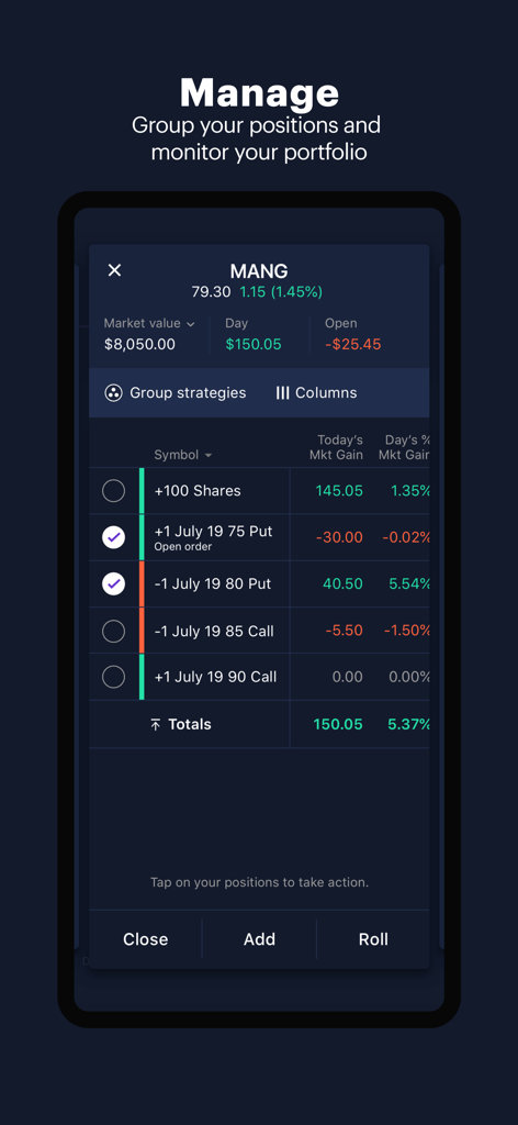 Power E*TRADE-Advanced Trading - Power E-TRADE mobile app screen showing options positions management with grouping and monitoring tools