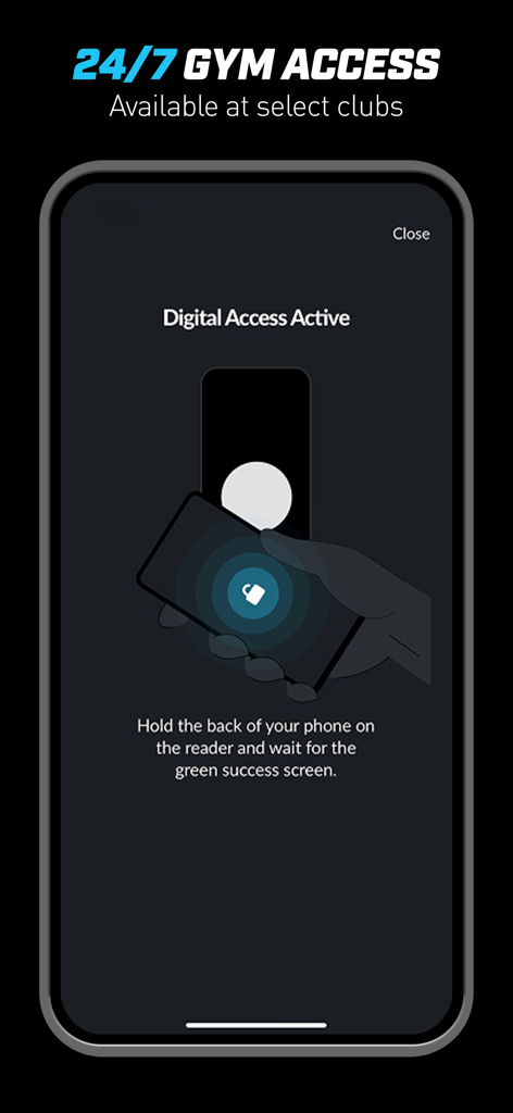 Aplicación Goodlife Health Clubs mostrando la función de acceso digital al gimnasio 24/7 en un smartphone