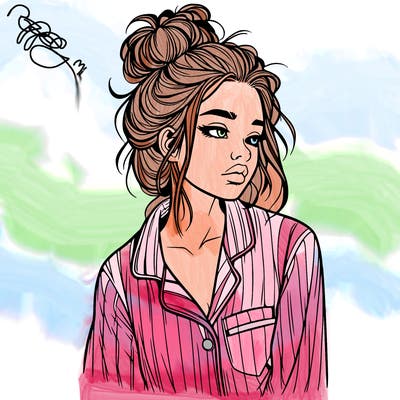 realistic woman with pajamas on and a messy bun