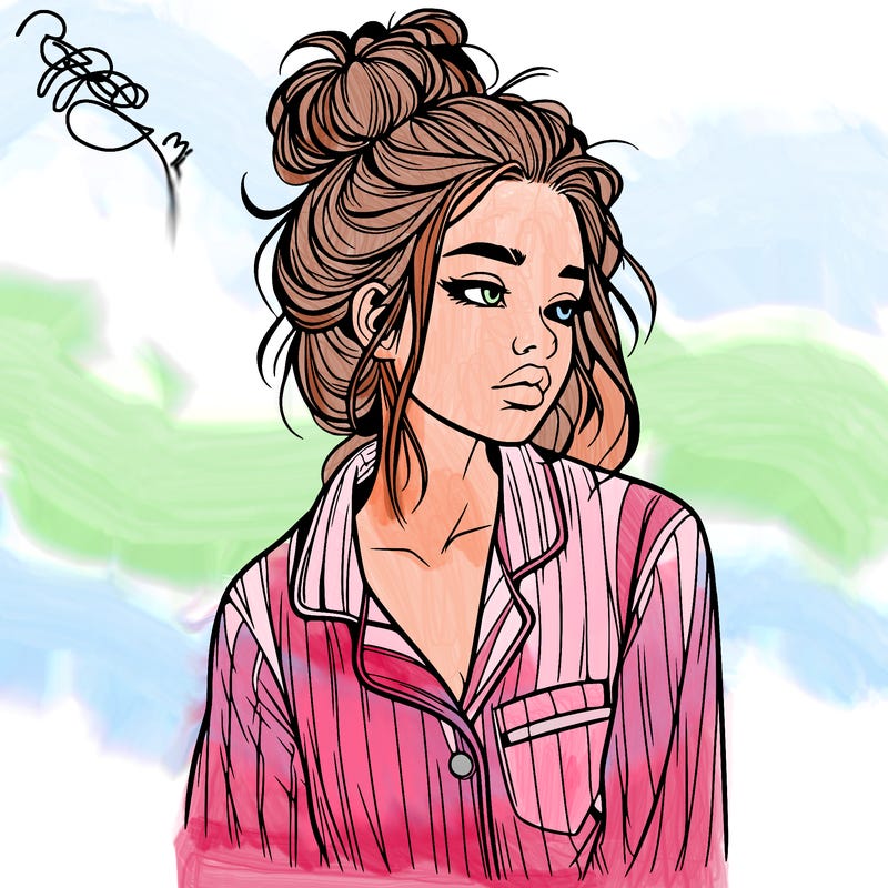 realistic woman with pajamas on and a messy bun