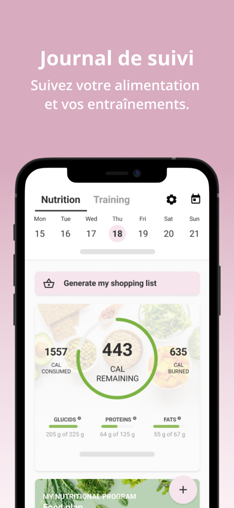 Hora - Hora app interface showing the nutrition tracking dashboard with daily calorie counts and macronutrient breakdown for protein fats and carbohydrates