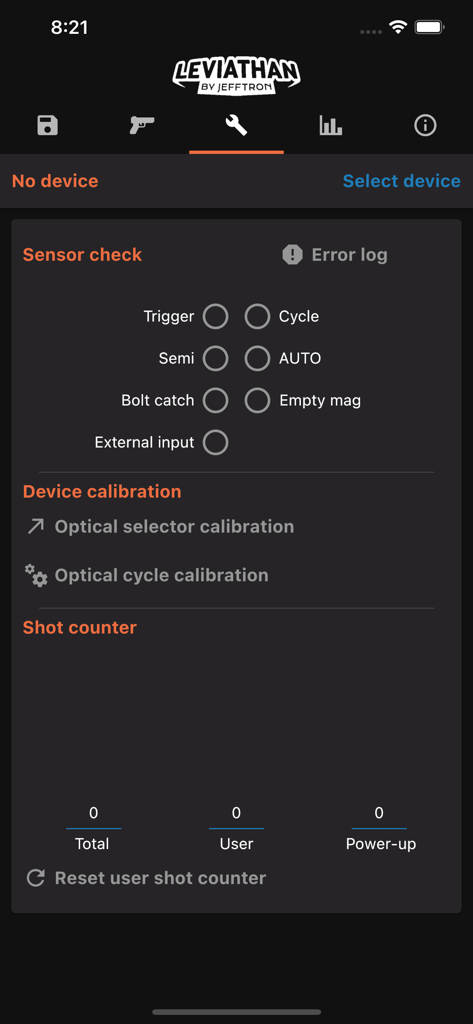 Interface of the Leviathan by JeffTron app showing sensor check and device calibration options