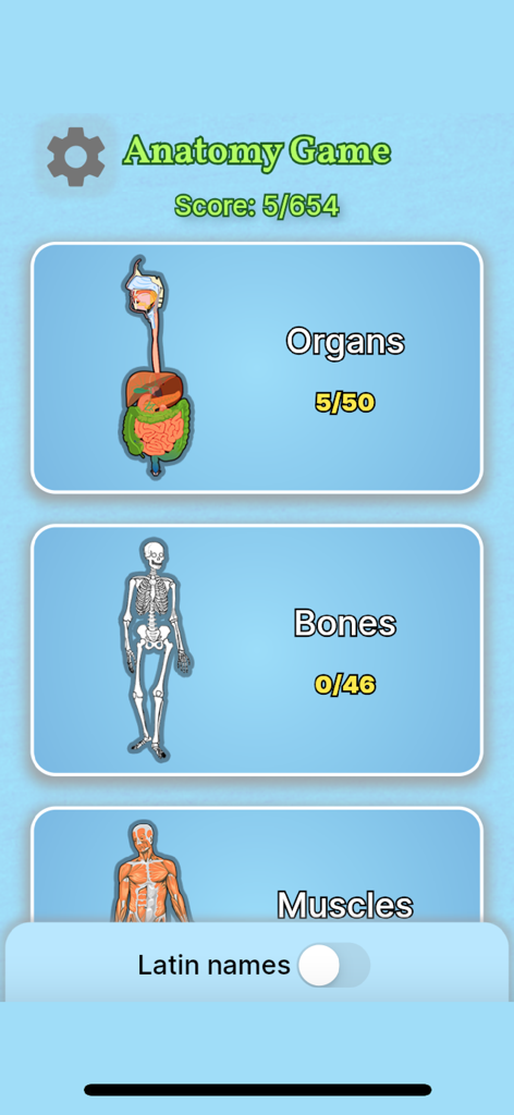 Anatomy Game - El menú principal de Juego de Anatomía mostrando categorías de estudio para órganos, huesos y músculos.