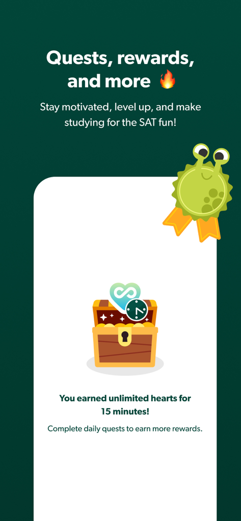 Linus: Digital SAT Prep - Linus Digital SAT Prep app rewards screen displaying a treasure chest and earned unlimited hearts for completing quests