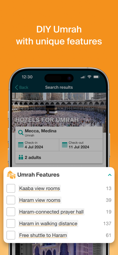 Halalbooking: Hotels worldwide - Halalbooking app interface showing Umrah hotel search filters including Kaaba view and Haram proximity