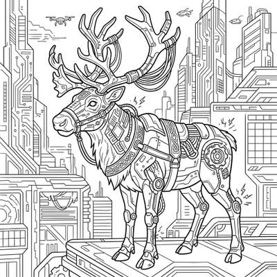 Embark on an epic coloring adventure with this unique design featuring a majestic Sami reindeer transformed with cyberpunk enhancements. Set against a detailed futuristic cityscape, this page offers a thrilling blend of nature and technology for you to color.