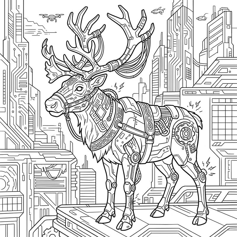 Embark on an epic coloring adventure with this unique design featuring a majestic Sami reindeer transformed with cyberpunk enhancements. Set against a detailed futuristic cityscape, this page offers a thrilling blend of nature and technology for you to color.