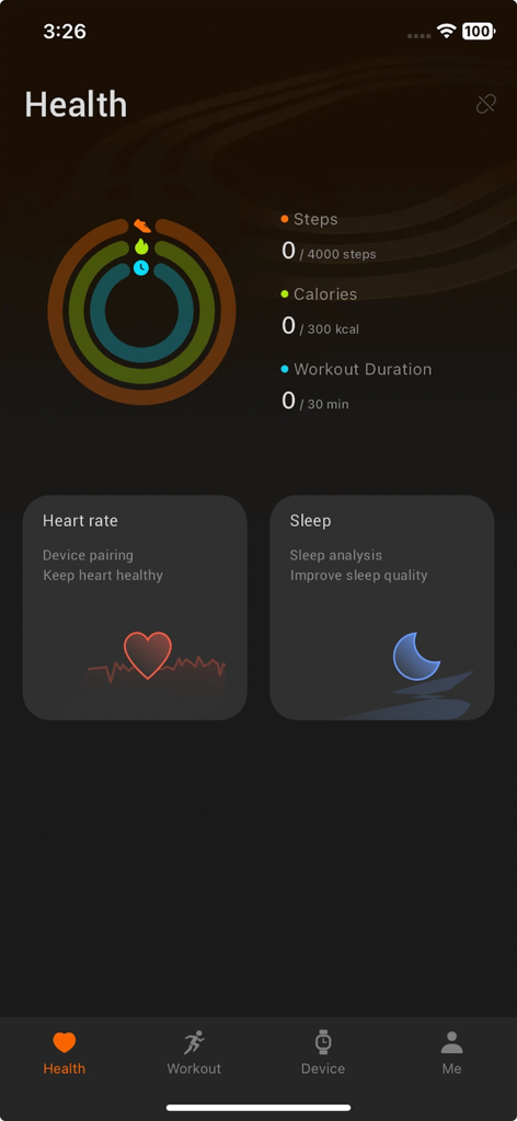 iPulse-fitness&health - Tableau de bord de santé iPulse affichant des anneaux d'activité pour les pas, les calories et la durée des entraînements avec des cartes de suivi de la fréquence cardiaque et du sommeil