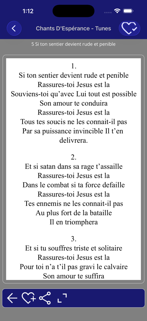 Hymn lyrics page in Chants D'Esperance app showing a French Christian song