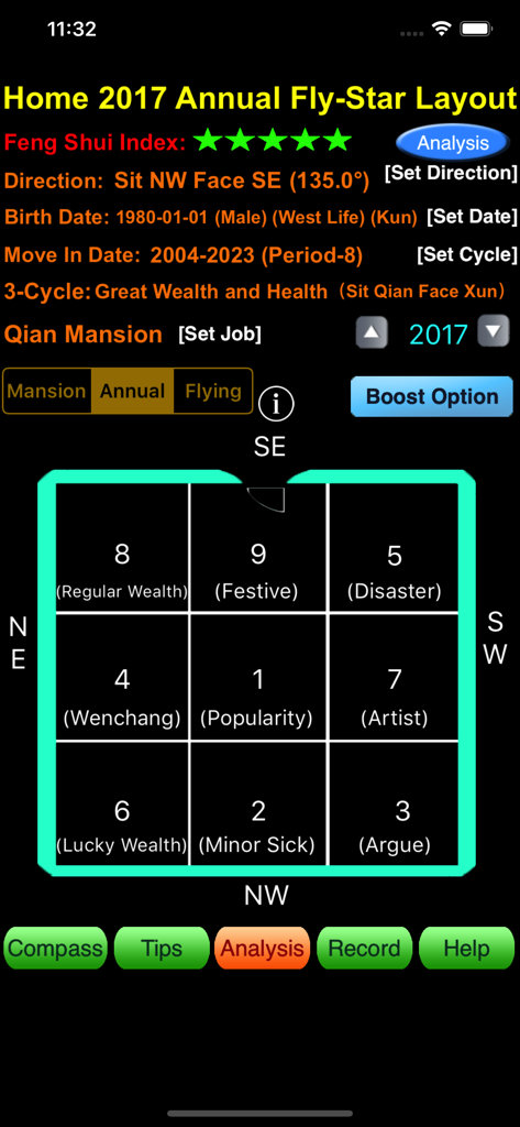 Smart Feng Shui Compass (Lite) - Smart Feng Shui Compass app showing the annual fly star layout analysis grid for home optimization