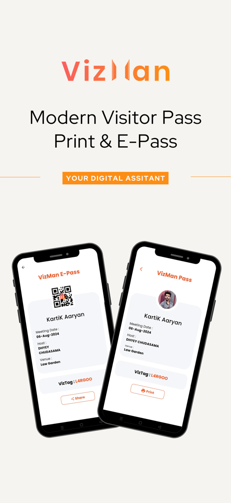 VizMan - Visitor Management - Two smartphones displaying a digital visitor e-pass with a QR code and a printable pass with a visitor photo in the VizMan app.