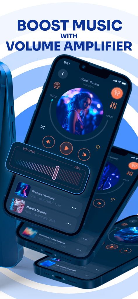 Application Headphones and Speaker Connect montrant l'interface du lecteur de musique avec un curseur d'amplification de volume sur plusieurs smartphones.