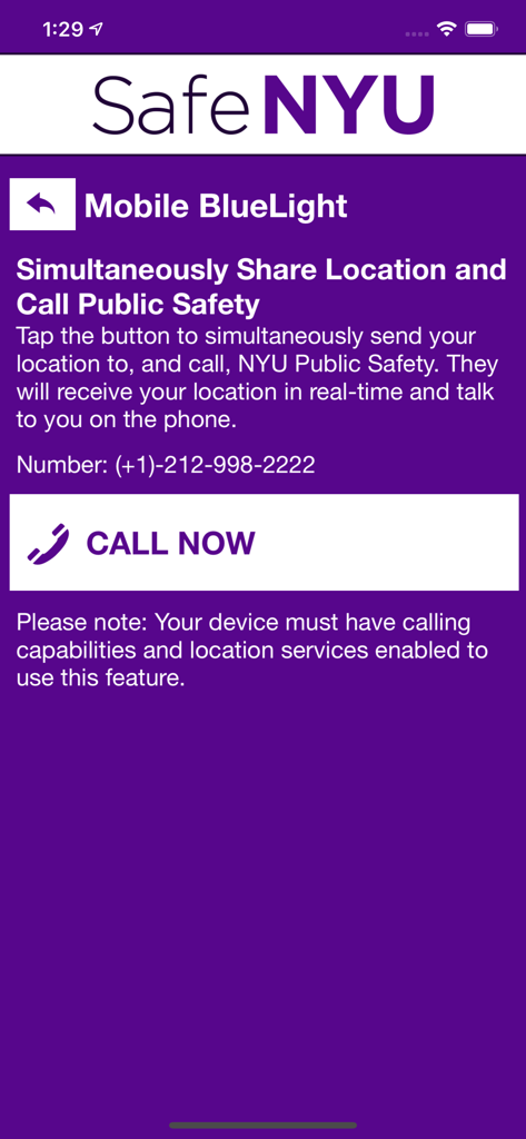 Pantalla de la aplicación Safe NYU para la función Mobile BlueLight mostrando un botón de 'llamar ahora' para contacto de emergencia con la seguridad pública
