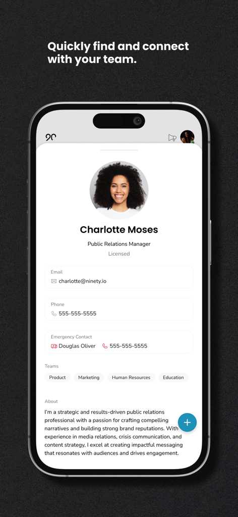 Écran de profil d'un membre de l'équipe dans l'application Ninety montrant les coordonnées et les étiquettes de département.