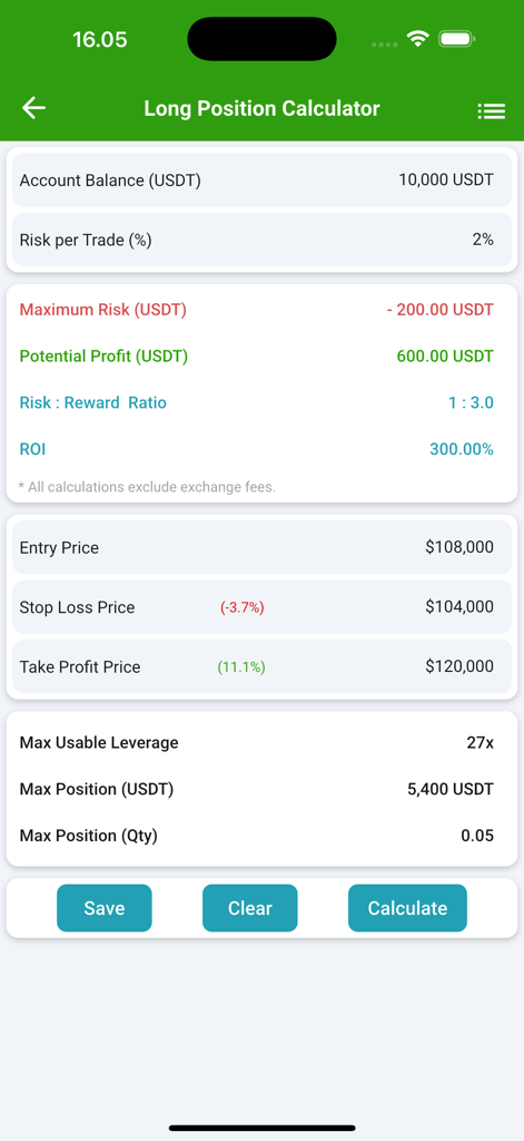 Leverage Guard - Long position calculator screen in the Leverage Guard app showing trade risk and leverage calculations