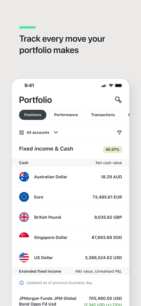 J.P. Morgan Private Bank app interface displaying global currency positions and portfolio performance tracking.